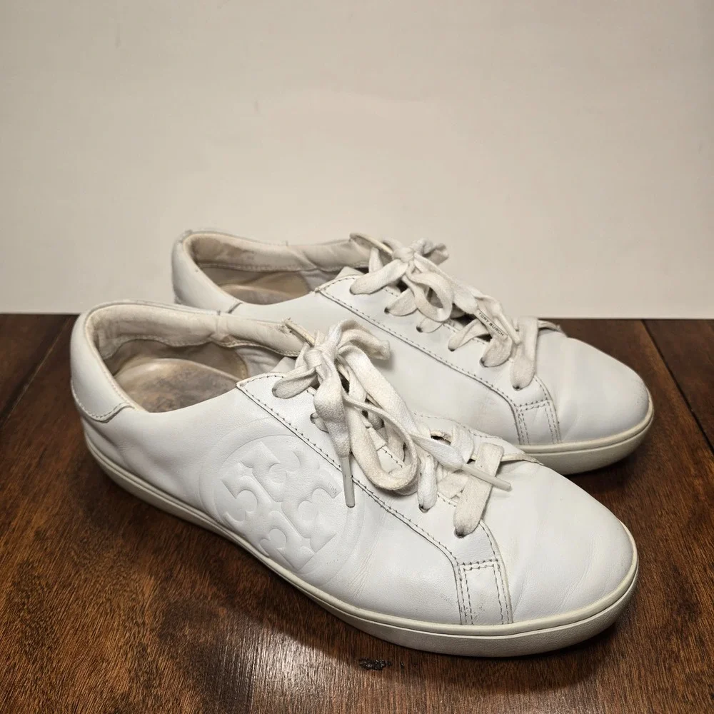 Tory Burch Women's Double T Howell Court Sneakers Size 8.5 M Shoes White Leather